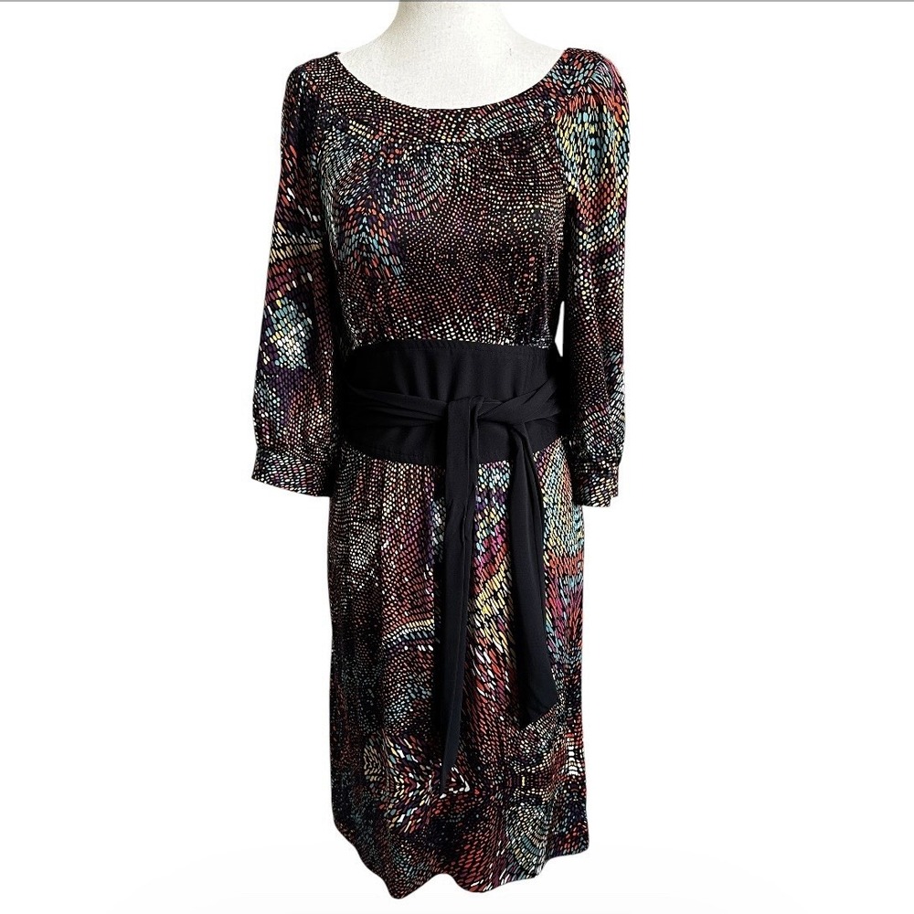 Trina Turk Dress Size 2 Multicolor 100% Silk 3/4 Sleeve Waist Tie Accent | 58-12